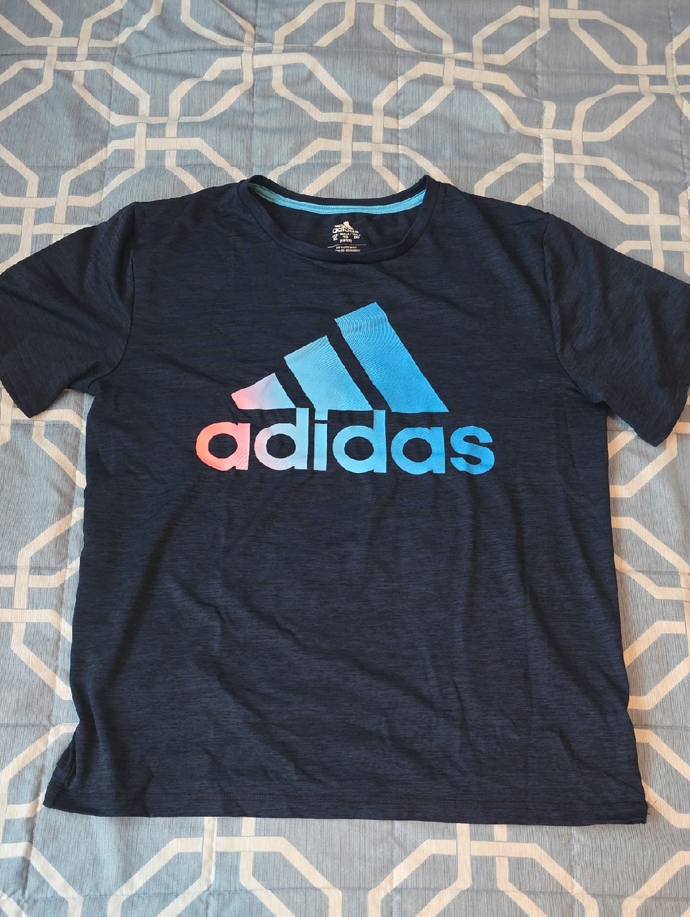 Adidas Boys Kids Navy Tee with Pink-to-Blue Gradient Logo